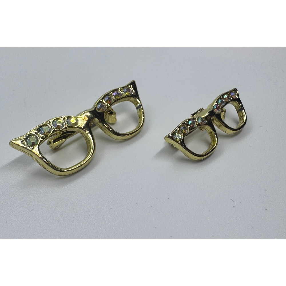 Vintage Gold Tone Cat Eye Glasses Brooch Set AB Rhinestone Spectacle Pins 2pc